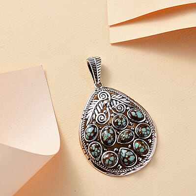 D'Joy Artisan Crafted Blue Horizon Turquoise 4.40 ctw Leaf Pendant without Chain in Black Oxidized Sterling Silver