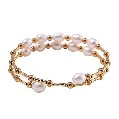 Freshwater Pearl Bangle Bracelet in Goldtone (Adjustable)