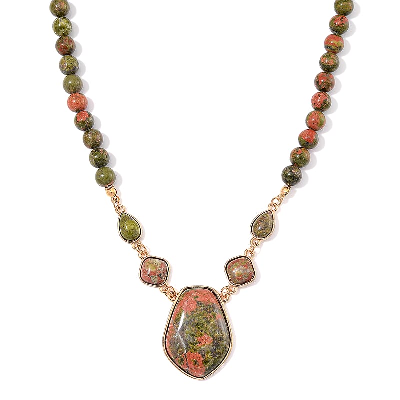 Unakite 220.00 ctw Necklace 18-20 Inches in ION Plated YG Stainless Steel 