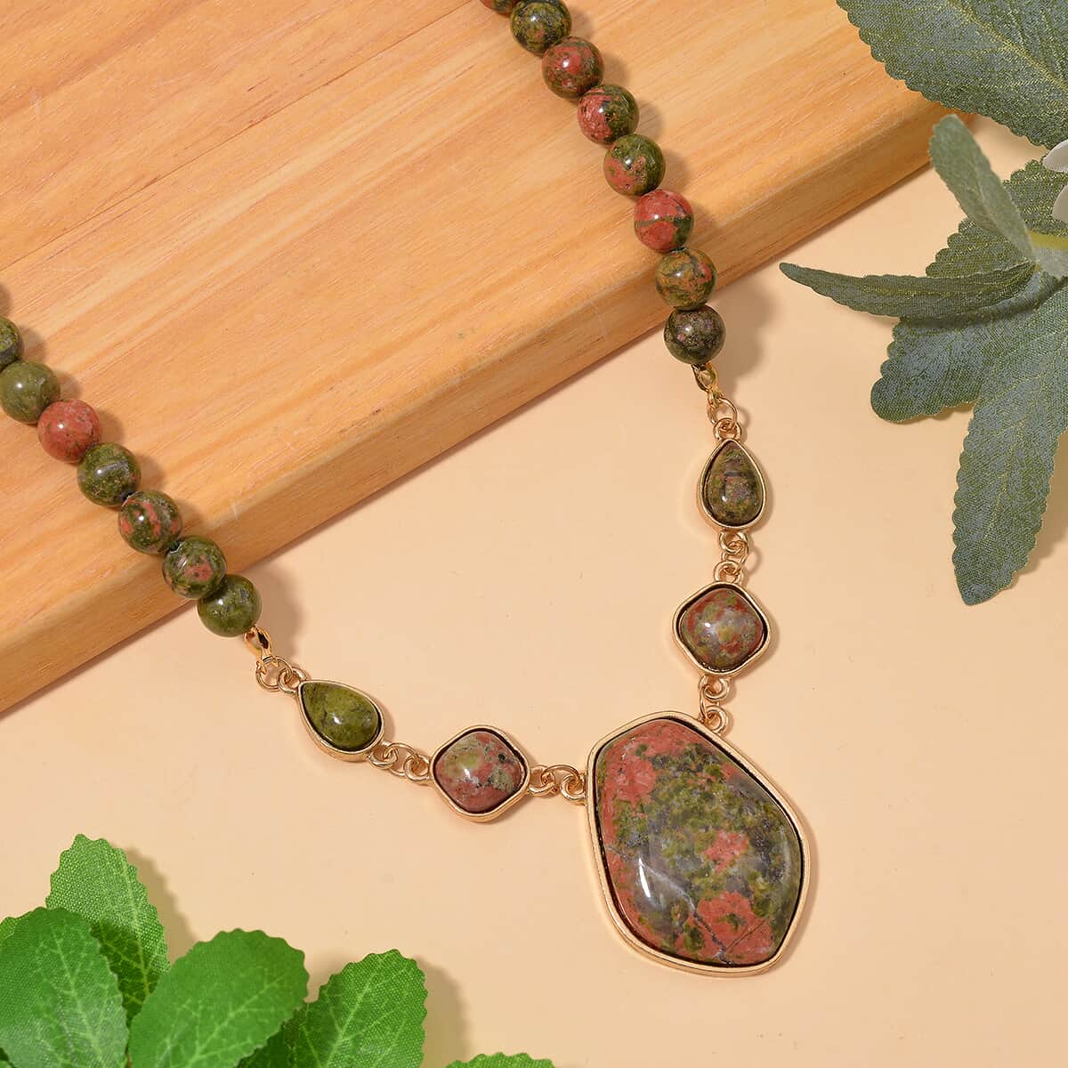 Unakite 220.00 ctw Necklace 18-20 Inches in ION Plated YG Stainless Steel image number 1