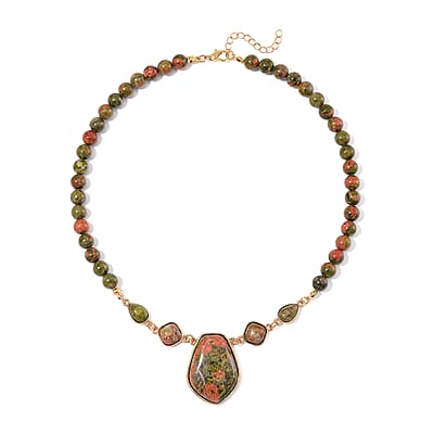 Unakite 220.00 ctw Necklace 18-20 Inches in ION Plated YG Stainless Steel 