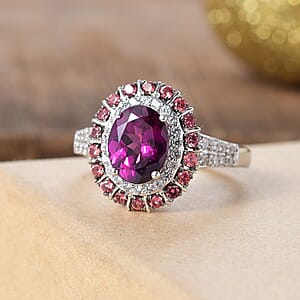 Premium Radiant Ember Garnet and Multi Gemstone 3.10 ctw Royal Bloom Ring in Rhodium Over Sterling Silver (Size 6.0)