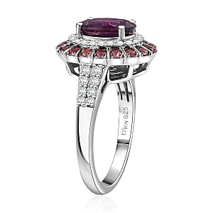 Premium Radiant Ember Garnet and Multi Gemstone 3.10 ctw Royal Bloom Ring in Rhodium Over Sterling Silver (Size 6.0)