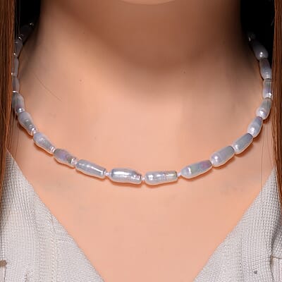 White Keshi Pearl Necklace in Stainless Steel 18-20 Inches