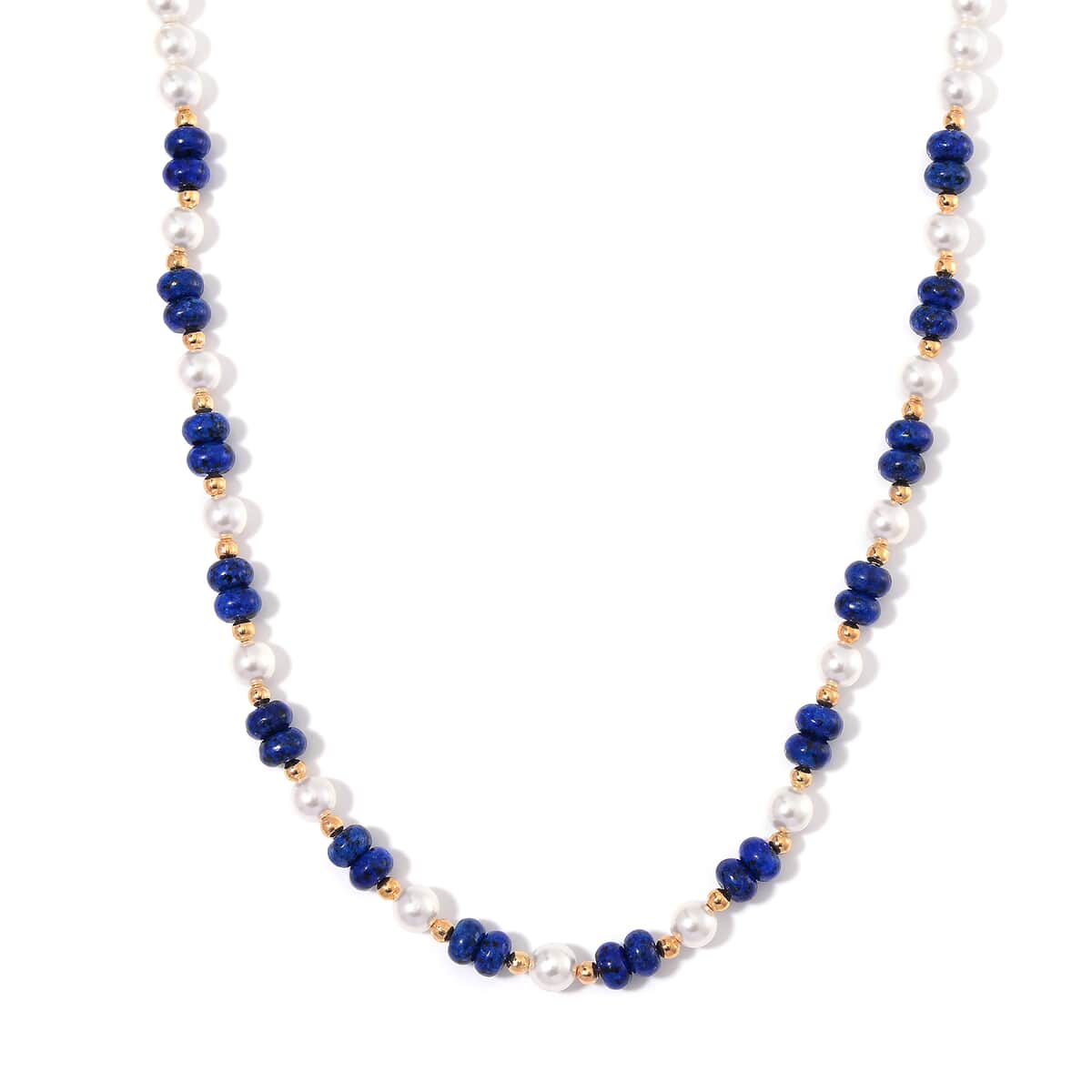 Lapis Lazuli 80.00 ctw and White Shell Pearl Necklace in Goldtone 20 Inches image number 0