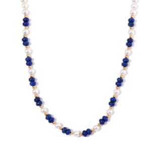 Lapis Lazuli 80.00 ctw and White Shell Pearl Necklace in Goldtone 20 Inches