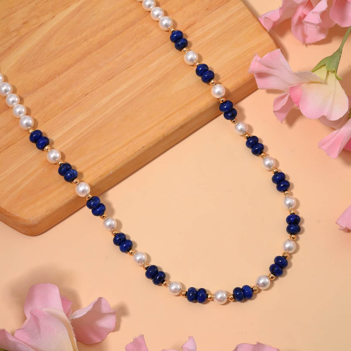 Lapis Lazuli 80.00 ctw and White Shell Pearl Necklace in Goldtone 20 Inches image number 1