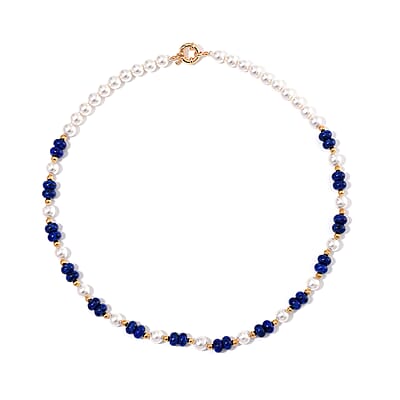 Lapis Lazuli 80.00 ctw and White Shell Pearl Necklace in Goldtone 20 Inches