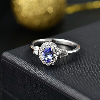 Tanzanite and White Zircon 0.90 ctw Ring in Rhodium Over Sterling Silver (Size 10.0)
