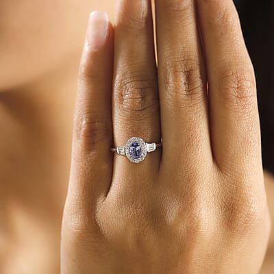 Tanzanite and White Zircon 0.90 ctw Ring in Rhodium Over Sterling Silver (Size 10.0)