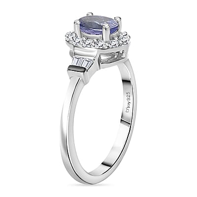 Tanzanite and White Zircon 0.90 ctw Ring in Rhodium Over Sterling Silver (Size 10.0)