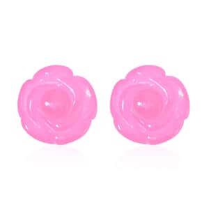 Pink Jade (D) 22.50 ctw Carved Rose Stud Earrings in Rhodium Over Sterling Silver