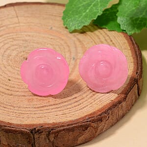 Pink Jade (D) 22.50 ctw Carved Rose Stud Earrings in Rhodium Over Sterling Silver