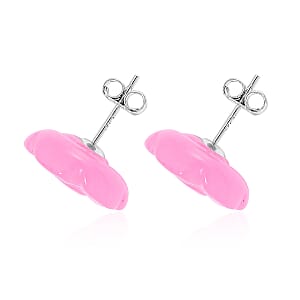 Pink Jade (D) 22.50 ctw Carved Rose Stud Earrings in Rhodium Over Sterling Silver