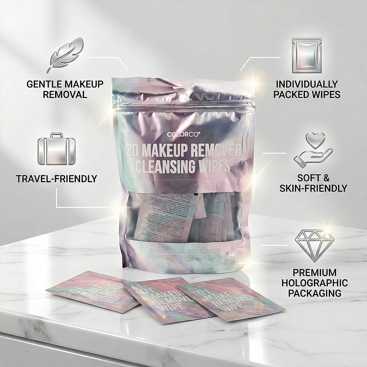 Closeout Colorco 20 Pack Holographic Individually Wrapped Travel Makeup Wipes image number 1