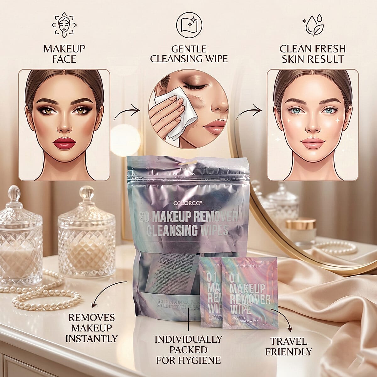 Closeout Colorco 20 Pack Holographic Individually Wrapped Travel Makeup Wipes image number 2