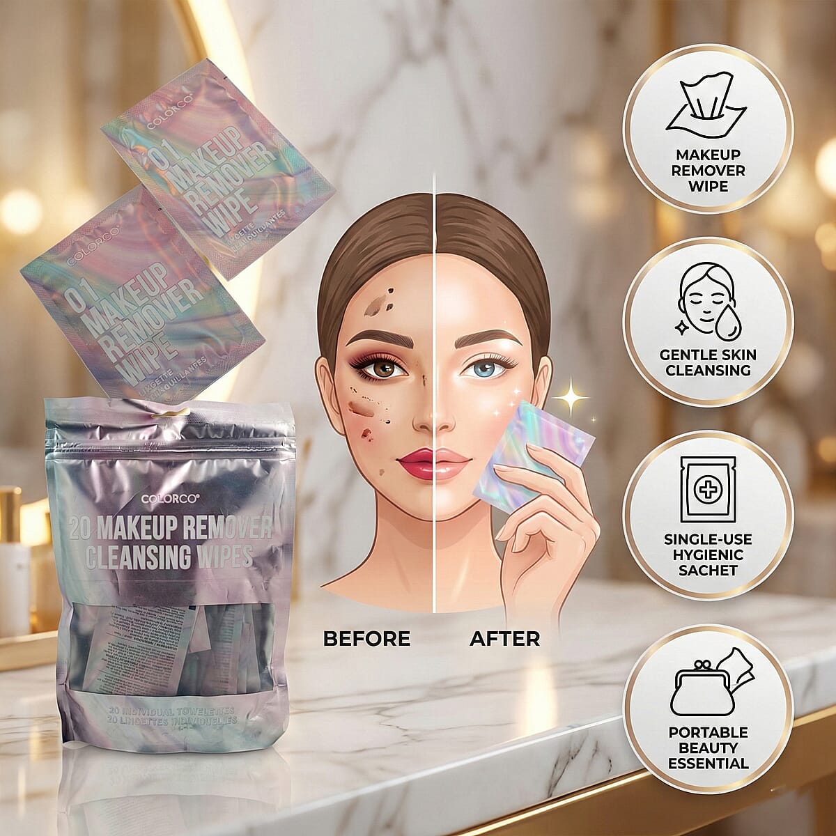 Closeout Colorco 20 Pack Holographic Individually Wrapped Travel Makeup Wipes image number 3