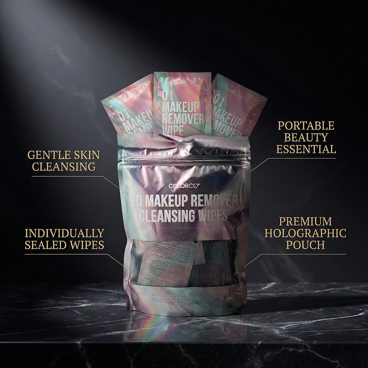 Closeout Colorco 20 Pack Holographic Individually Wrapped Travel Makeup Wipes image number 5
