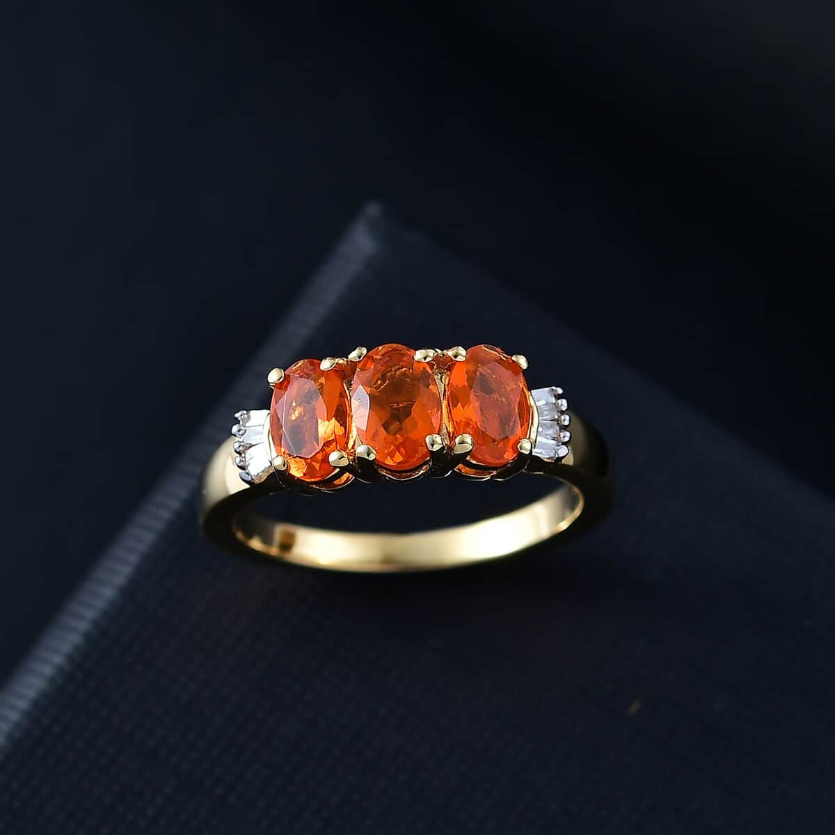 Salamanca Fire Opal and White Diamond 1.00 ctw Ring in 18K Vermeil YG Over Sterling Silver (Size 10.0) image number 1