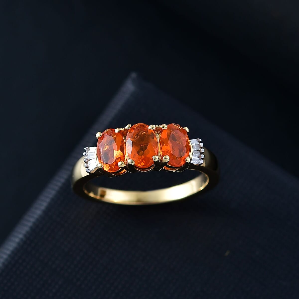 Salamanca Fire Opal and White Diamond 1.00 ctw Ring in 18K Vermeil YG Over Sterling Silver (Size 9.0) image number 1