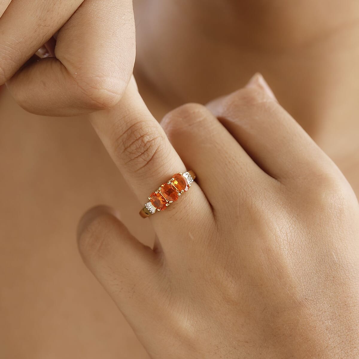 Salamanca Fire Opal and White Diamond 1.00 ctw Ring in 18K Vermeil YG Over Sterling Silver (Size 9.0) image number 2