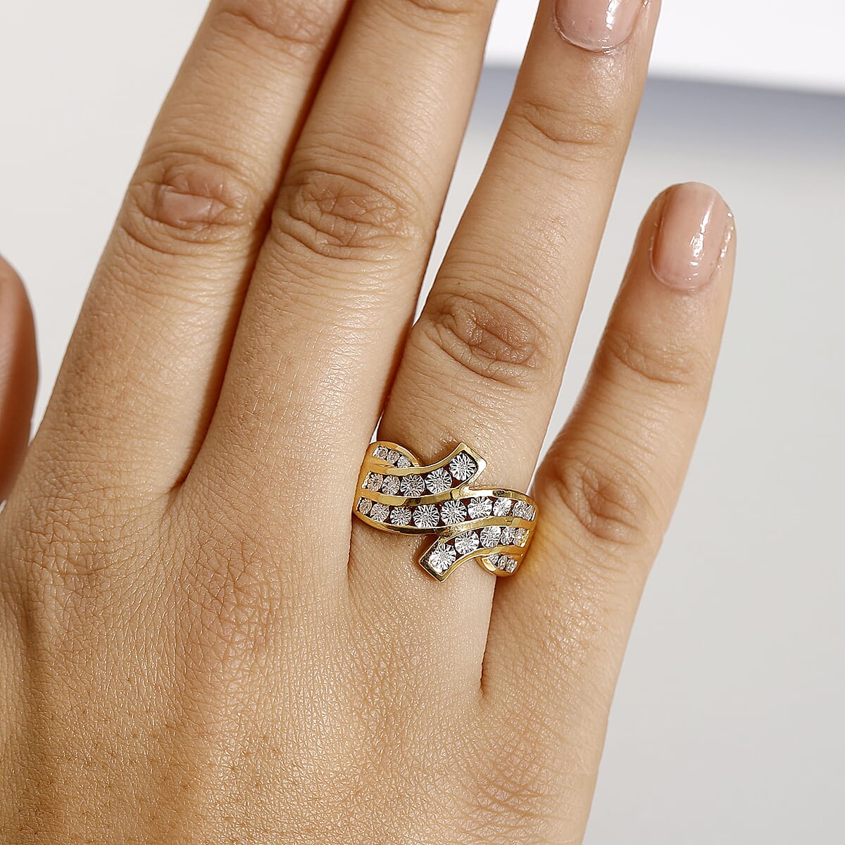 Diamond 0.10 ctw Bypass Ring in 18K Vermeil Yellow Gold Over Sterling Silver (Size 7.0) image number 2