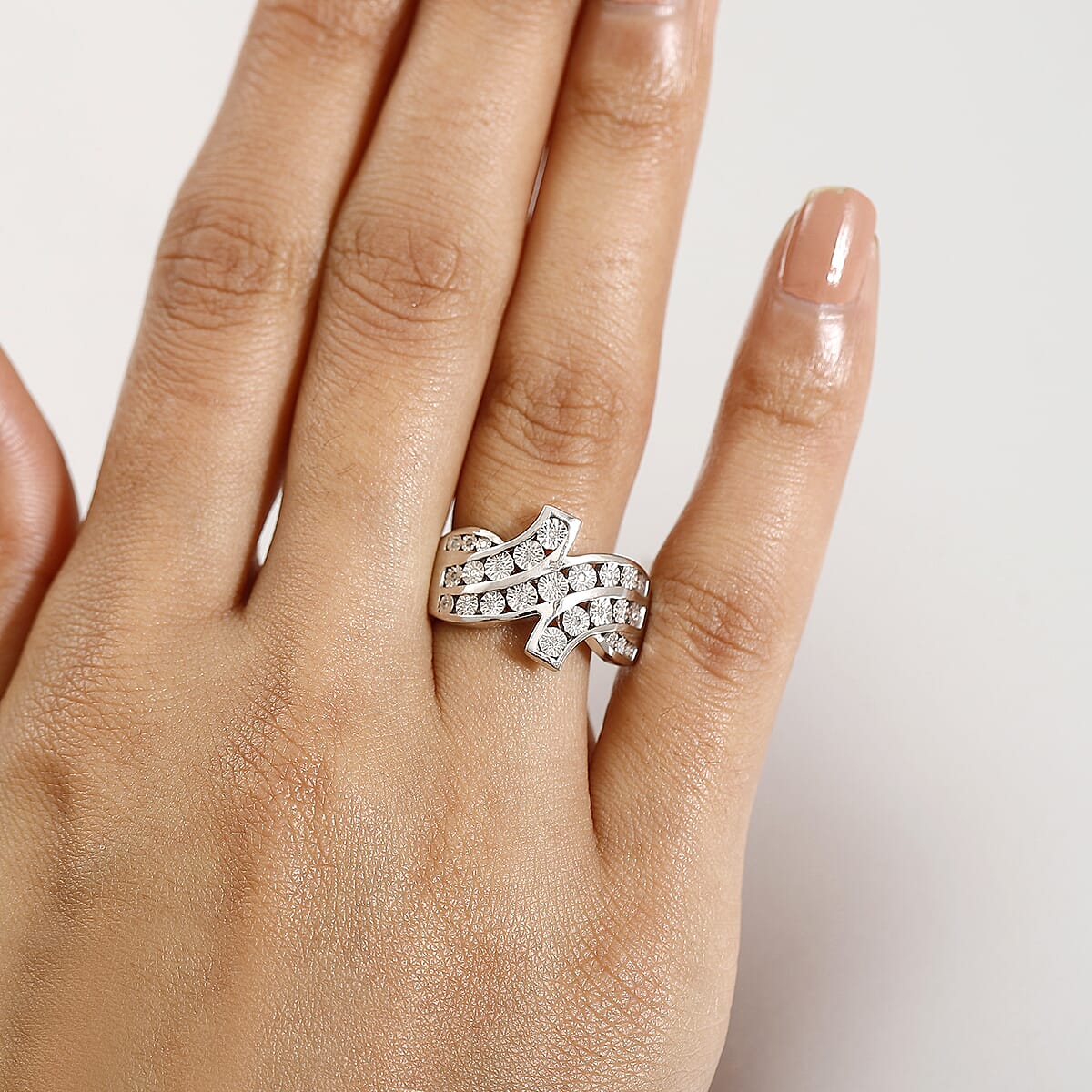Diamond 0.10 ctw Bypass Ring in Rhodium Over Sterling Silver (Size 8.0) image number 2