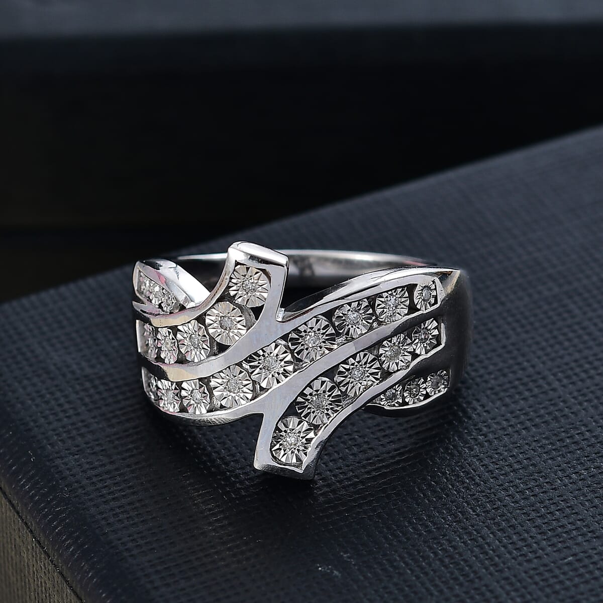 Diamond 0.10 ctw Bypass Ring in Rhodium Over Sterling Silver (Size 9.0) image number 1