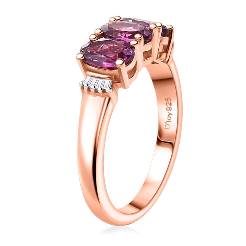 D'Joy Premium Radiant Ember Garnet and Diamond 1.65 ctw Timeless Trilogy Ring in 18K Vermeil Rose Gold Over Sterling Silver (Size 10.0)