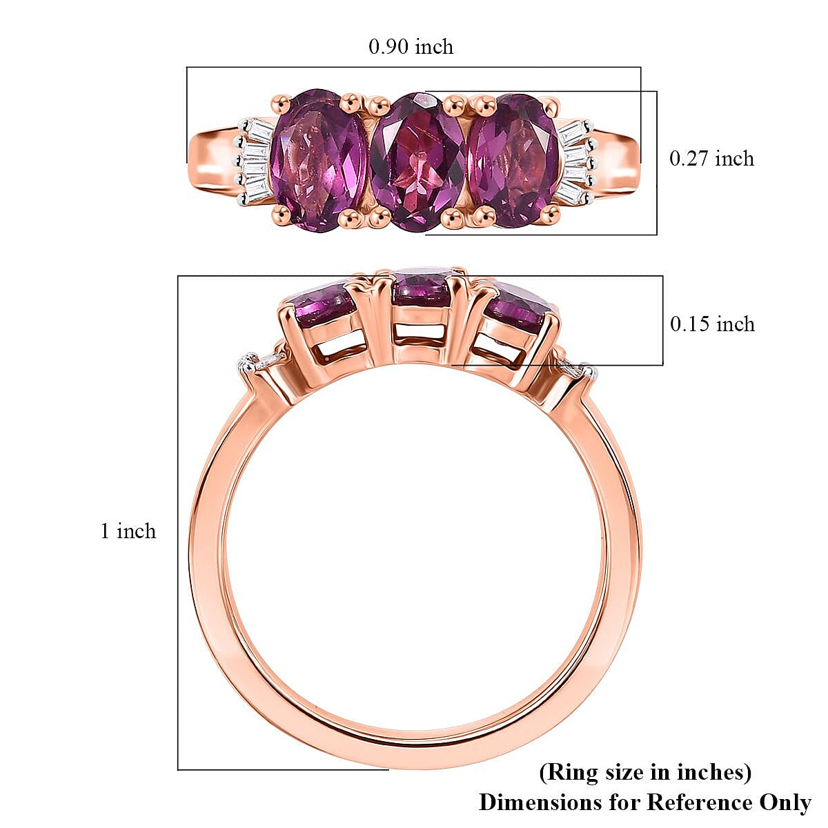 D'Joy Premium Radiant Ember Garnet and Diamond 1.65 ctw Timeless Trilogy Ring in 18K Vermeil Rose Gold Over Sterling Silver (Size 10.0)