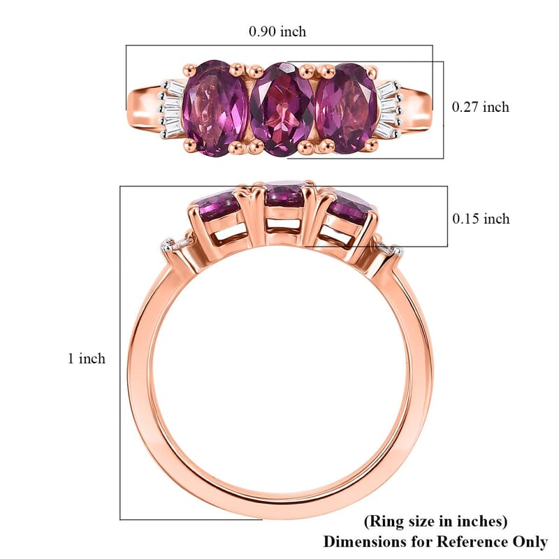D'Joy Premium Radiant Ember Garnet and Diamond 1.65 ctw Timeless Trilogy Ring in 18K Vermeil Rose Gold Over Sterling Silver (Size 10.0)