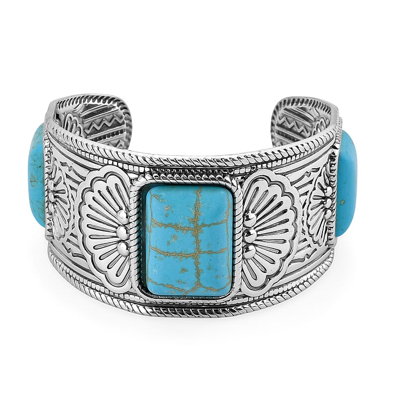 Constituted Blue Howlite 60.00 ctw Cuff Bracelet in Silvertone (7.0 In)
