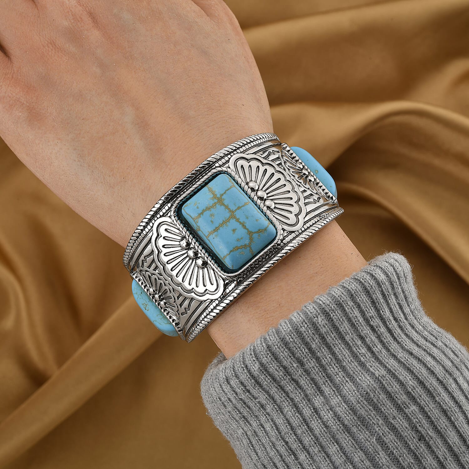Constituted Blue Howlite 60.00 ctw Cuff Bracelet in Silvertone (7.0 In)