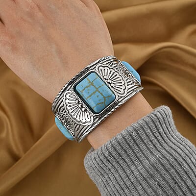 Constituted Blue Howlite 60.00 ctw Cuff Bracelet in Silvertone (7.0 In)