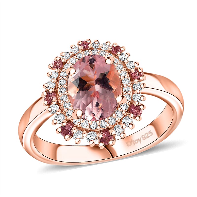 Pink Morganite and Multi Gemstone 1.85 ctw Ring in 18K Vermeil Rose Gold Over Sterling Silver (Size 10.0)