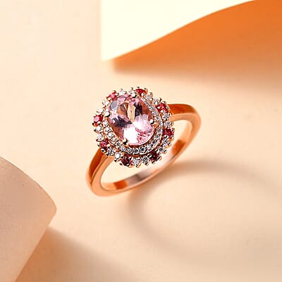 Pink Morganite and Multi Gemstone 1.85 ctw Ring in 18K Vermeil Rose Gold Over Sterling Silver (Size 10.0)