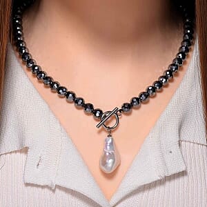 Terahertz and Baroque Pearl 220.00 ctw Necklace in Stainless Steel (20 Inches)