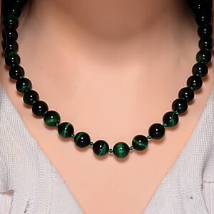 Green Tiger Eye (D) 250.00 ctw Beaded Necklace in Stainless Steel 18-20 Inches