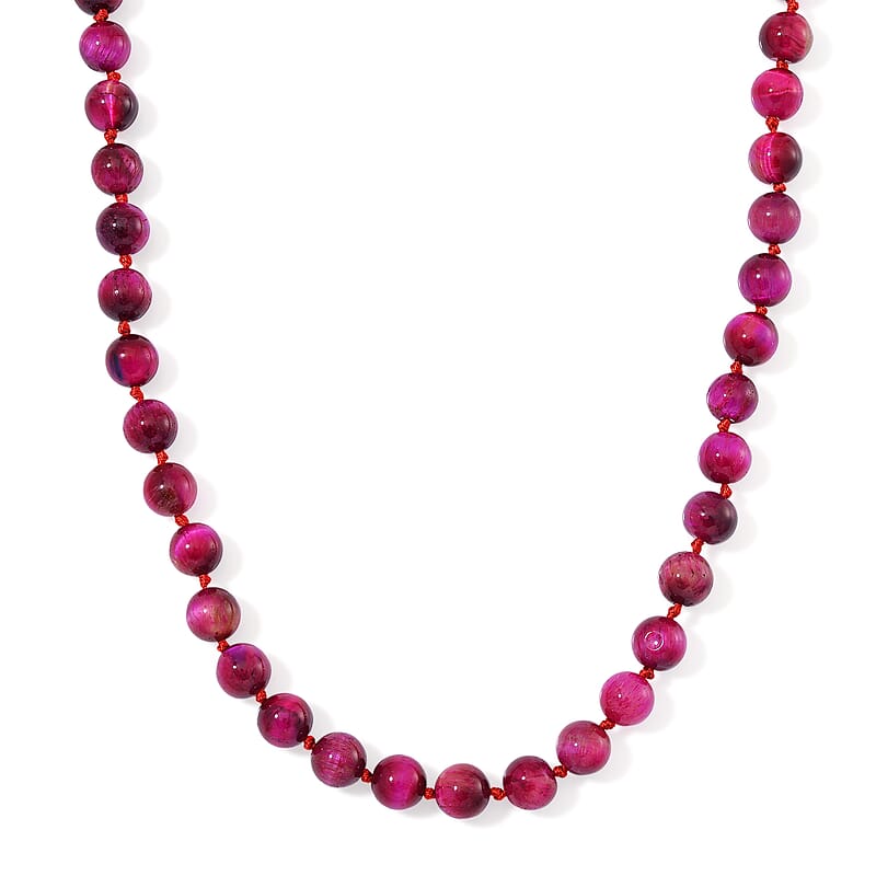 Fuchsia Tiger's Eye (D) 250.00 ctw Beaded Necklace in Stainless Steel 18-20 Inches
