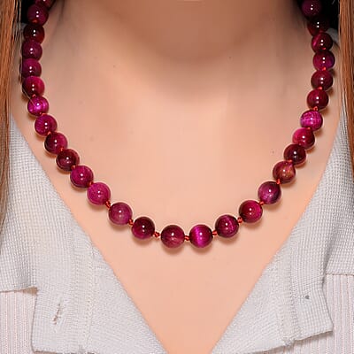 Fuchsia Tiger's Eye (D) 250.00 ctw Beaded Necklace in Stainless Steel 18-20 Inches