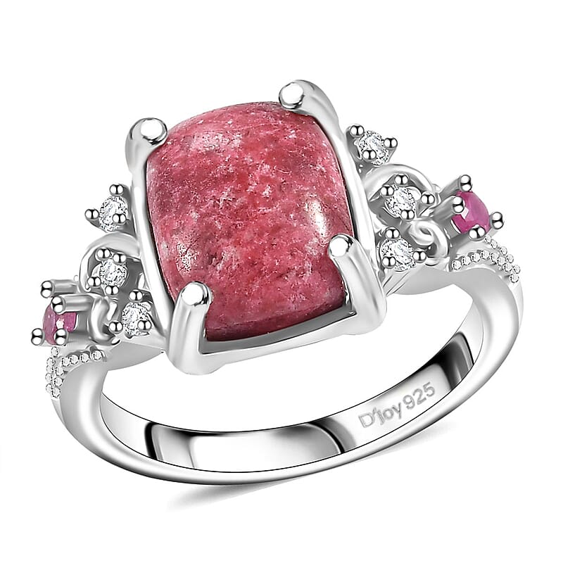D'Joy Premium Norwegian Thulite and Multi Gemstone 4.10 ctw Ring in Rhodium Over Sterling Silver (Size 10.0)