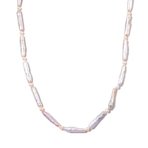 White Keshi Pearl and White Freshwater Pearl Necklace in Stainless Steel 18-20 Inches