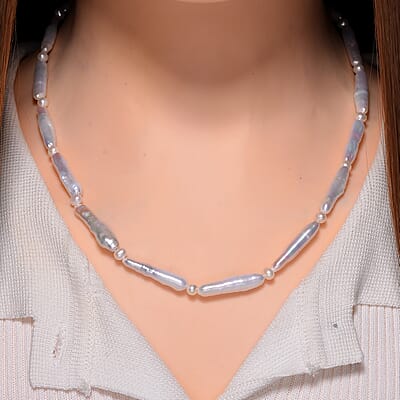 White Keshi Pearl and White Freshwater Pearl Necklace in Stainless Steel 18-20 Inches