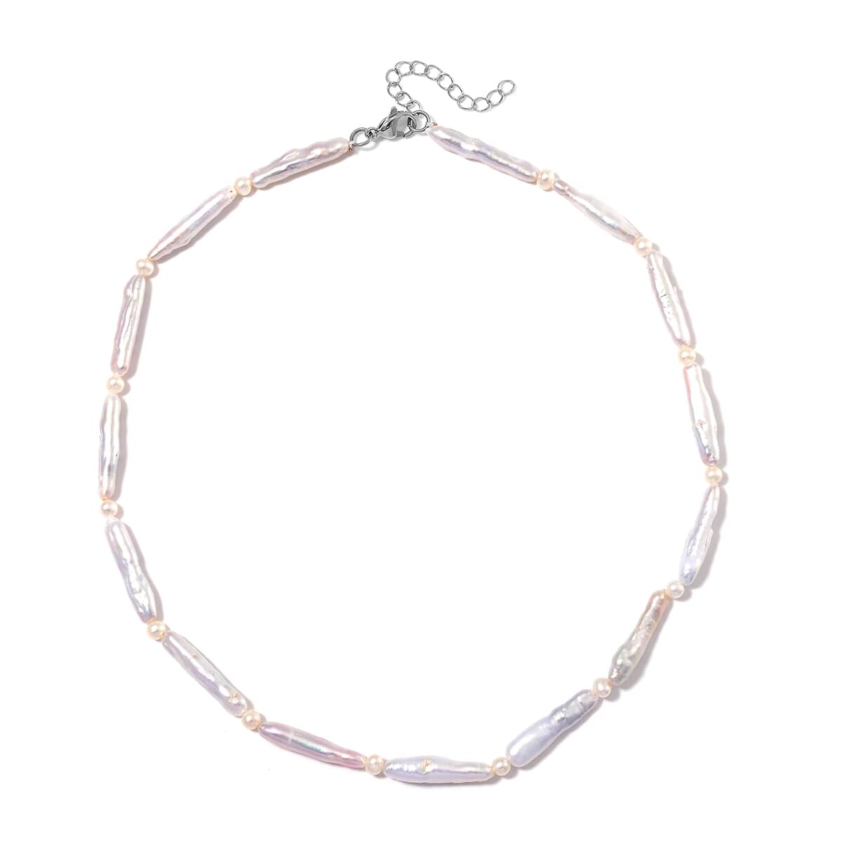 White Keshi Pearl and White Freshwater Pearl Necklace in Stainless Steel 18-20 Inches image number 2