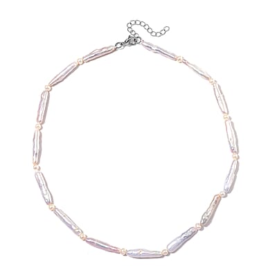 White Keshi Pearl and White Freshwater Pearl Necklace in Stainless Steel 18-20 Inches