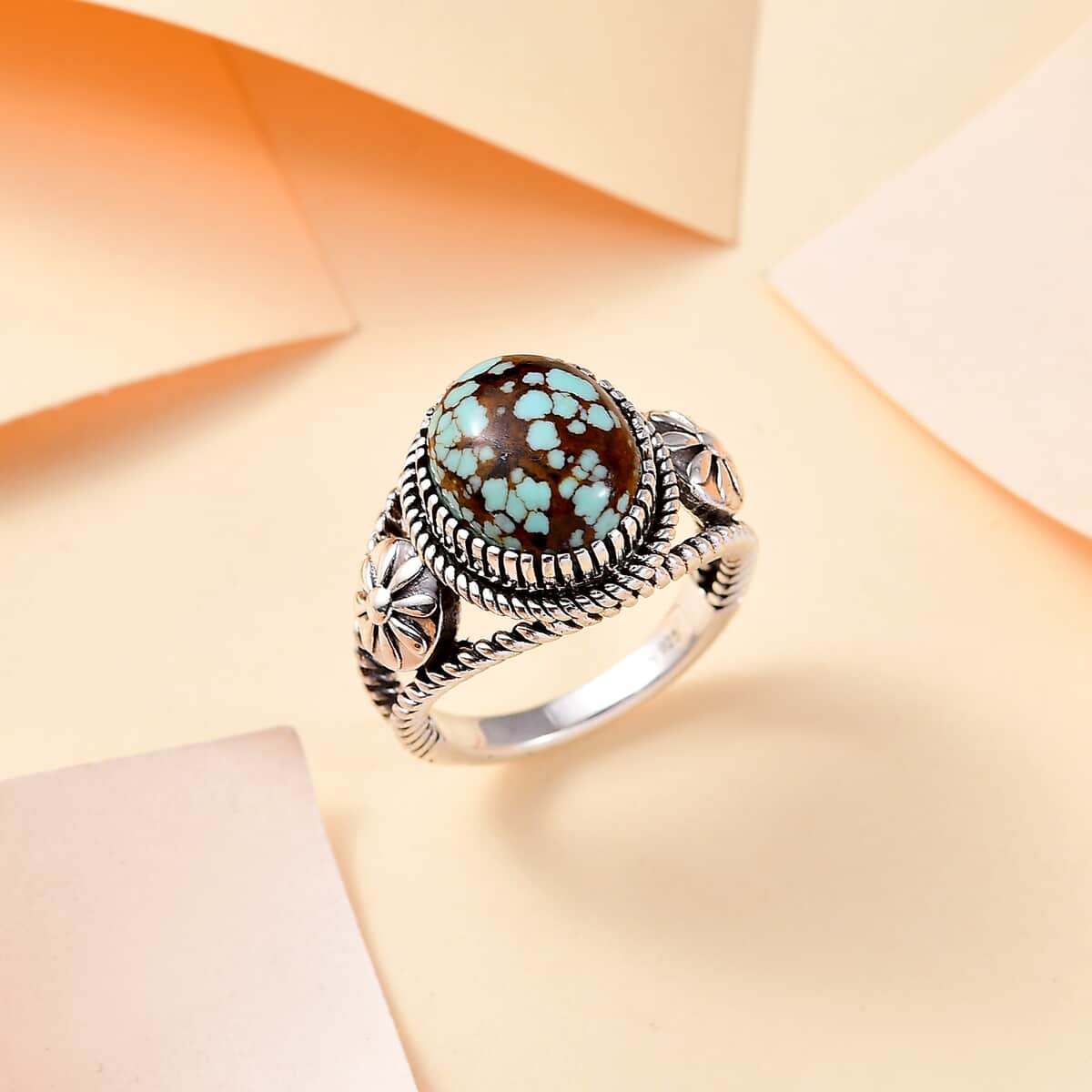 Artisan Crafted Blue Horizon Turquoise 4.20 ctw Floral Ring in Black Oxidized Sterling Silver (Size 10.0) image number 1