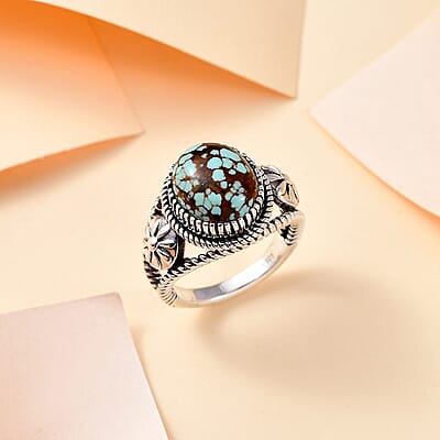 Artisan Crafted Blue Horizon Turquoise 4.20 ctw Floral Ring in Black Oxidized Sterling Silver (Size 10.0)