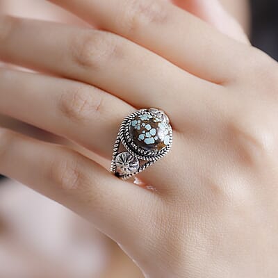 Artisan Crafted Blue Horizon Turquoise 4.20 ctw Floral Ring in Black Oxidized Sterling Silver (Size 10.0)