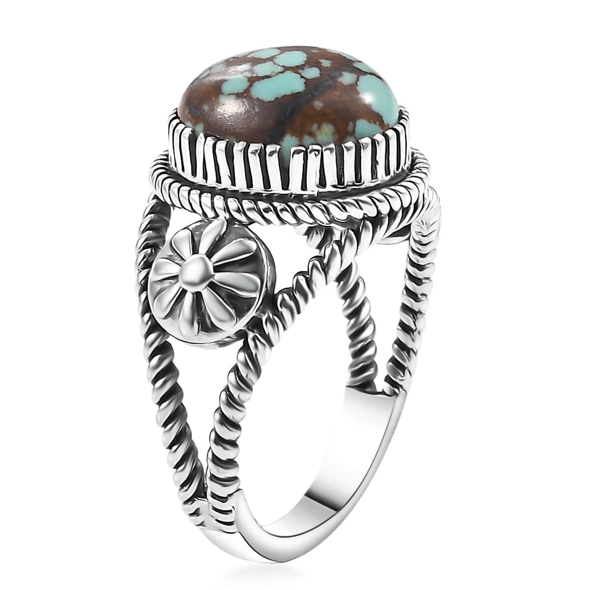 Artisan Crafted Blue Horizon Turquoise 4.20 ctw Floral Ring in Black Oxidized Sterling Silver (Size 10.0) image number 3