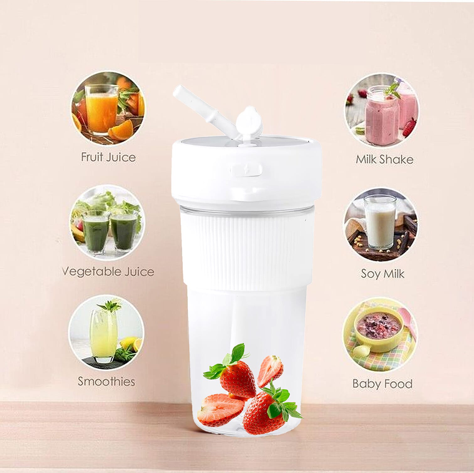 Portable and Rechargeable Juicer with Straw and Lid - White (Built-in 1200mAh Battery) (350 ml)